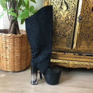 New Black Leather Knee Length spats Only  laceup For Boots Heals
